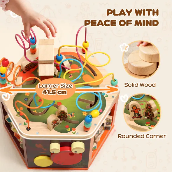 AIYAPLAY 8 in 1 Wooden Activity Cube with Bead Maze, Shape Sorter, for Kids Boys Girls 18+ Months - 5