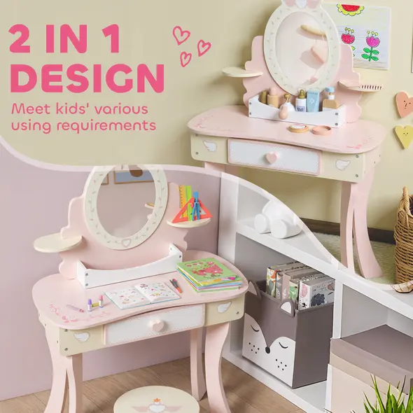 AIYAPLAY Kids Dressing Table, Girls Vanity Set with Mirror and Stool, 7 Play Accessories, Drawer, Desktop Storage, Pink - 4