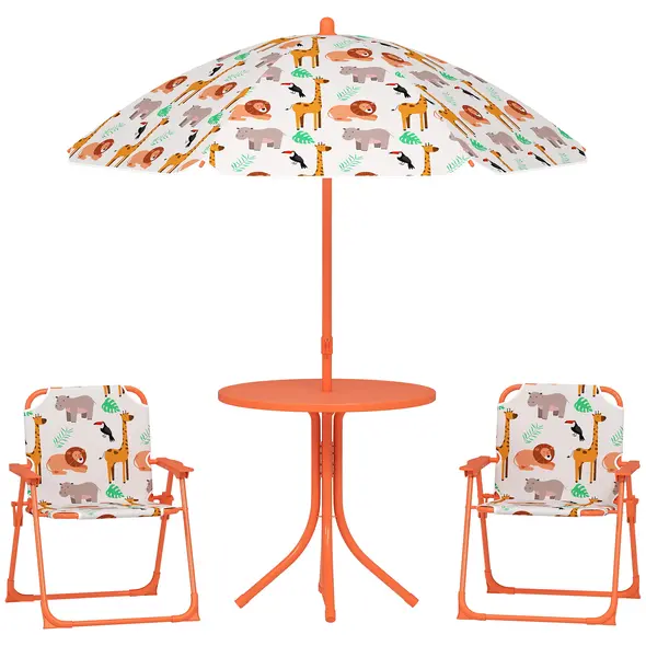 AIYAPLAY Kids Patio Set, Children Table and Chair Set, Outdoor Picnic Table with 2 Folding Chairs and Umbrella, Orange - 1