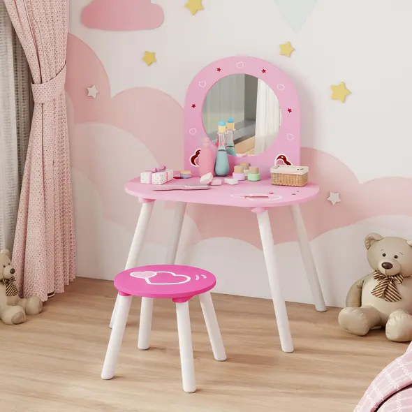 AIYAPLAY Kids Dressing Table with Mirror and Stool, Girls Vanity Set for Kids Room, Bedroom, Nursery, for Ages 3–6 Years, Pink - 8