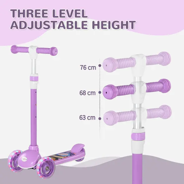 AIYAPLAY Kids 3 Wheel Scooter for 2-6 Years Old w/ Adjustable Height, LED Light, TPE Handlebar, Purple - 4