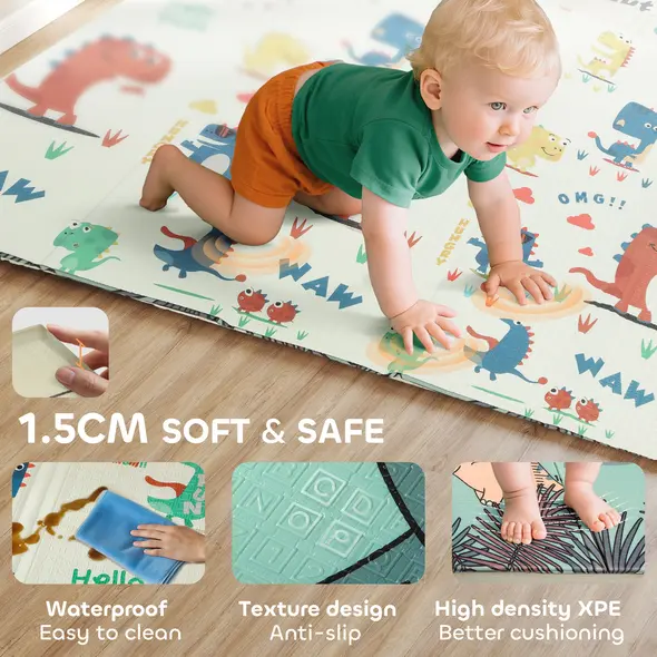 AIYAPLAY Dinosaur-Themed Baby Plat Mat Double Sided, Foldable, Water-Resistant for Outdoor/Indoor, 177 x 146 x 1.5cm - 6