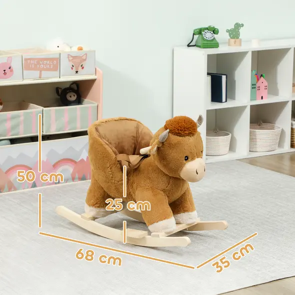 AIYAPLAY Baby Rocking Horse with Safety Belt, Wood Base, Animal Rocker for Children, Brown - 3