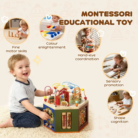 AIYAPLAY 8 in 1 Wooden Activity Cube with Bead Maze, Shape Sorter, for Kids Boys Girls 18+ Months - 6