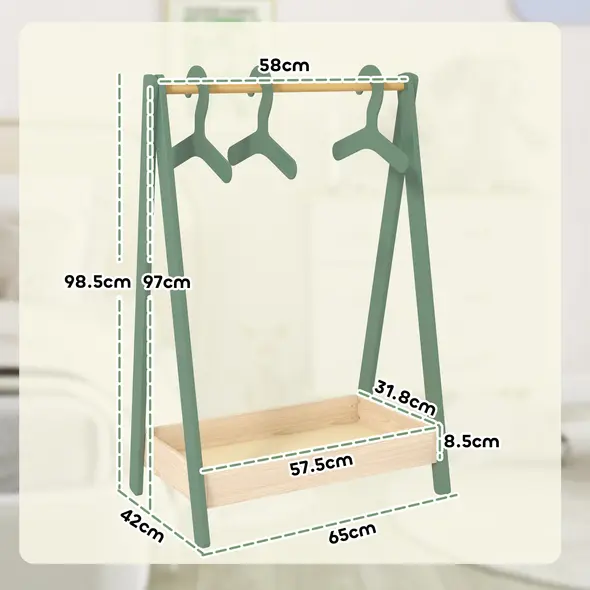 AIYAPLAY Kids Clothes Rail with 3Hangers, Bottom Storage Shelf for Girls, Boys, Nursery, Bedroom, Green - 3
