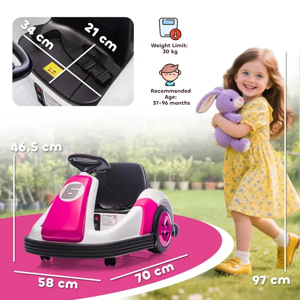 AIYAPLAY Kids Bumper Car with 360-Degree Rotation, 6V Electric Ride On Car with Music and Horn for 3-8 Years Old, Pink - 3