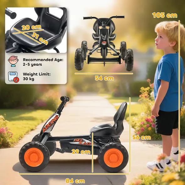 AIYAPLAY Kids Pedal Go Kart with Steel Frame, Sporty Design, for Ages 2-5 Years, Black - 3