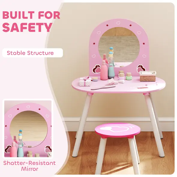 AIYAPLAY Kids Dressing Table with Mirror and Stool, Girls Vanity Set for Kids Room, Bedroom, Nursery, for Ages 3–6 Years, Pink - 6