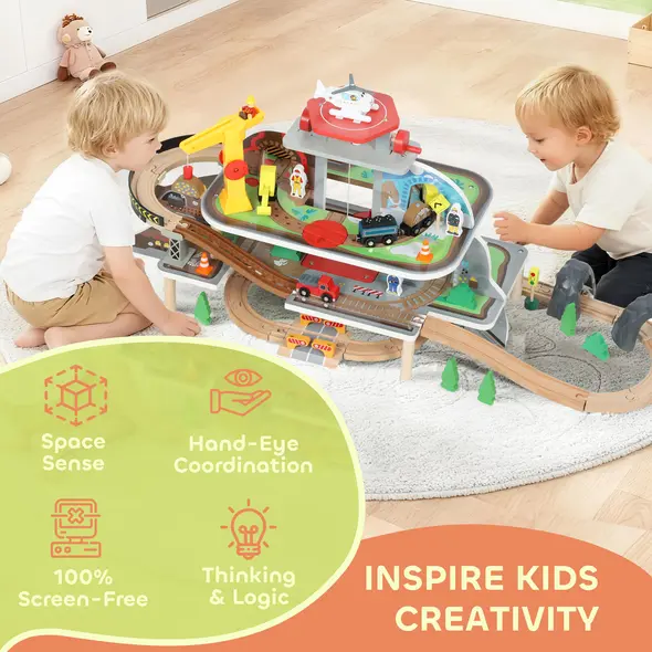 AIYAPLAY 79 Piece Wooden Train Set, Kids Train Track Mine Themed with Crane, Helicopter - 4