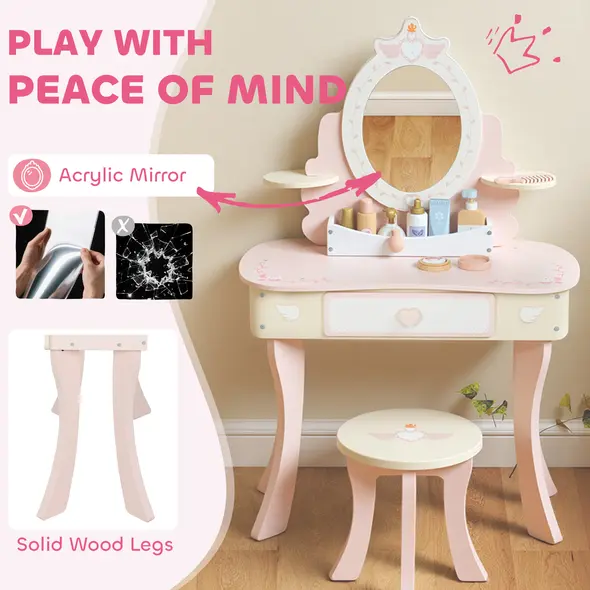 AIYAPLAY Kids Dressing Table, Girls Vanity Set with Mirror and Stool, 7 Play Accessories, Drawer, Desktop Storage, Pink - 7