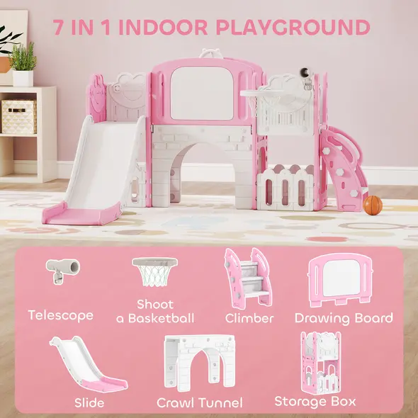 AIYAPLAY 7 in 1 Toddler Slide Set with Basketball Hoop, Climbing Frame, Telescope, Drawing Board, Storage Box, Pink - 4