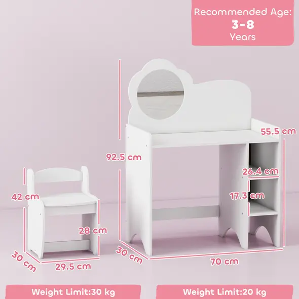 AIYAPLAY Kids Dressing Table with Mirror, Stool, Kids Vanity Table with Shelves, for Ages 3-8 Years, White - 3