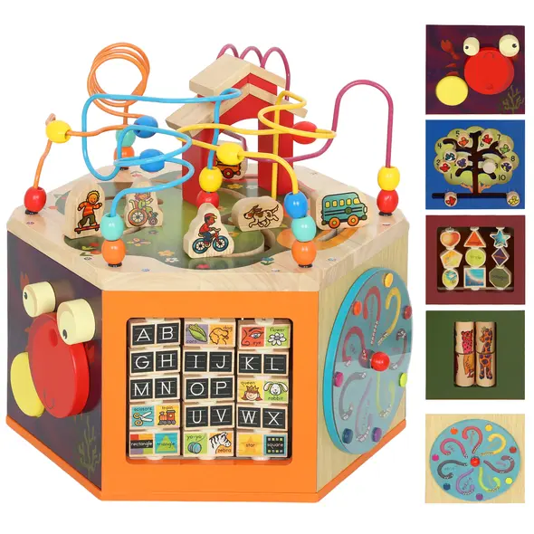 AIYAPLAY 8 in 1 Wooden Activity Cube with Bead Maze, Shape Sorter, for Kids Boys Girls 18+ Months - 1