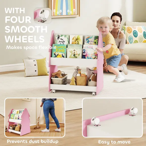 AIYAPLAY Kids Bookshelf with Toy Storage, Double-Sided Bookcase with Wheels, 3 Tier Kids Book Rack for Bedroom, Pink - 6