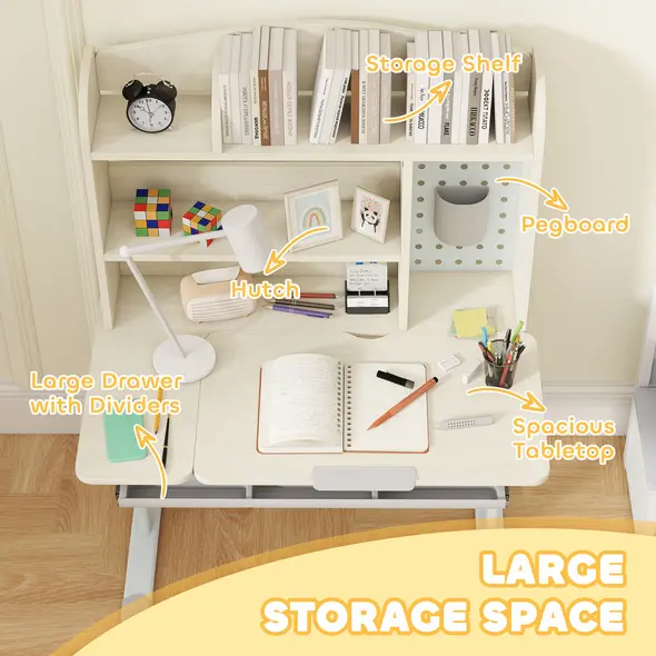 AIYAPLAY Kids Desk Height Adjustable with Tilt-Desktop, Hutch, Drawer, Storage Shelf, Pegboard, for 3-12 Years Old, Natural - 6