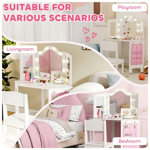 AIYAPLAY Kids Dressing Table and Stool Set, Girls Vanity Table with 2-Colour LED Lights, Tri-Folding Mirror, White - 8