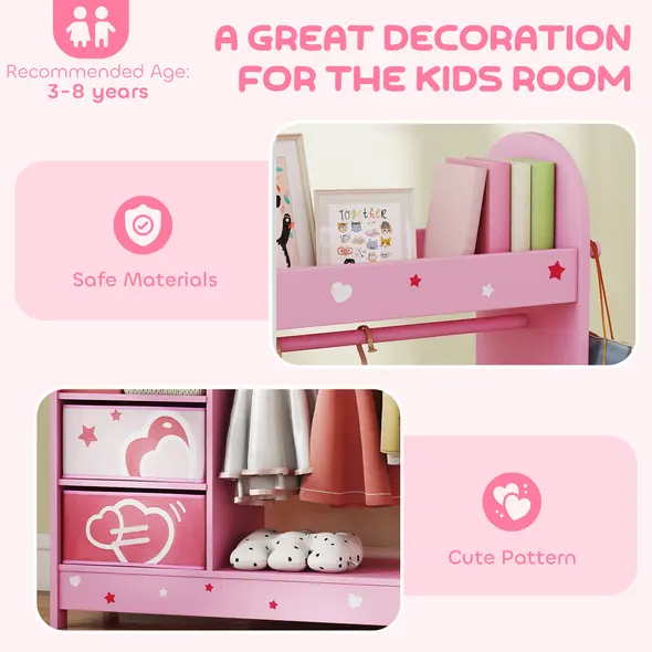 AIYAPLAY Kids Clothes Rail, Kids Wardrobe with Mirror, Shelves, Fabric Storage and Hooks for Bedroom, Nursery, Pink - 5