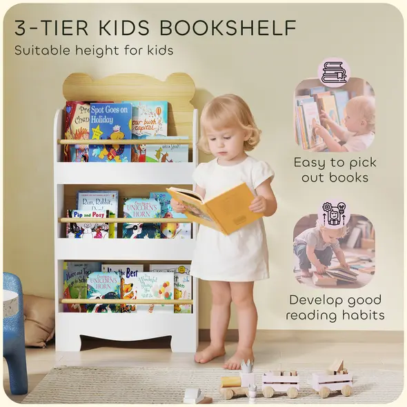 AIYAPLAY Kids Bookshelf, 3 Tier Children Bookcase, Bear Theme Toddler Space-Saving Bookcase for Living Room, White - 4