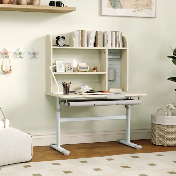 AIYAPLAY Kids Desk Height Adjustable with Tilt-Desktop, Hutch, Drawer, Storage Shelf, Pegboard, for 3-12 Years Old, Natural - 8