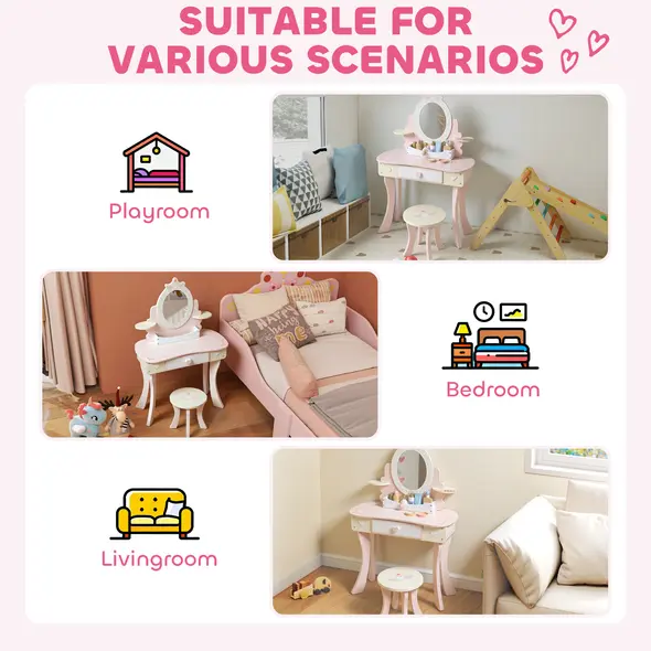 AIYAPLAY Kids Dressing Table, Girls Vanity Set with Mirror and Stool, 7 Play Accessories, Drawer, Desktop Storage, Pink - 9