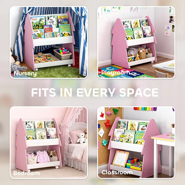 AIYAPLAY Kids Bookshelf with Toy Storage, Double-Sided Bookcase with Wheels, 3 Tier Kids Book Rack for Bedroom, Pink - 8