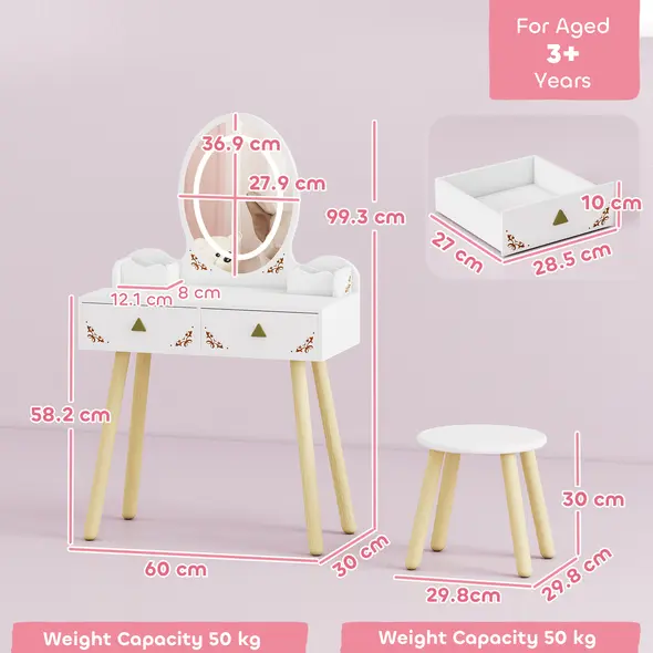 AIYAPLAY Kids Vanity Table and Chair Set with 3-Colour LED Lights Mirror, Drawer, Storage Boxes, for 3+ Years, White - 3