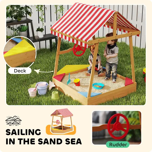 AIYAPLAY Wooden Kids Sandpit Boat Style with Canopy, 4 Seats, Rudder, Bottom Liner, for Children 3-8 Years, Yellow - 4