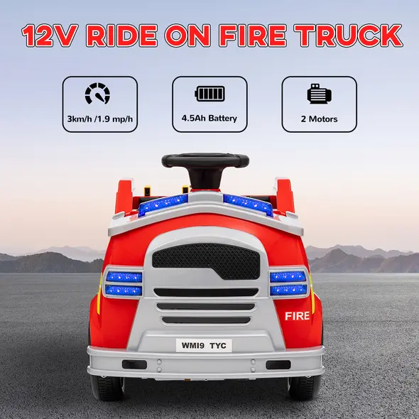 AIYAPLAY Ride On Fire Truck, 12V Kids Electric Car with Siren, Flashing Lights, Firefighting Tools, Music, Horn, Slow Start, Red - 7