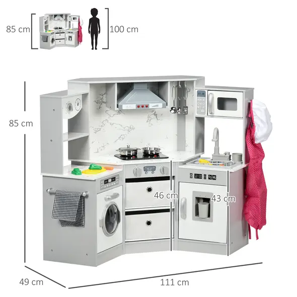 AIYAPLAY Toy Kitchen with Running Water, Lights, Sounds, Apron and Chef Hat, Water Dispenser, for Ages 3-6 Years, Grey - 3