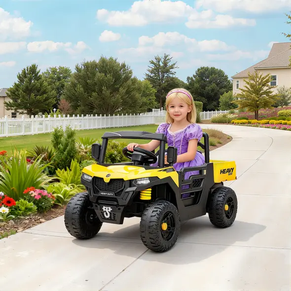 AIYAPLAY Kids Ride on Car, 12V Electric Kids UTV with Electric Dump Bed, 4-Wheel Suspension for 3-8 Years, Yellow - 2