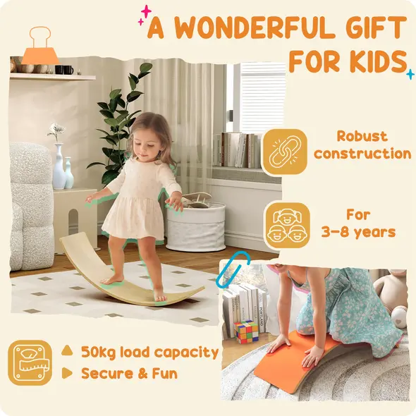 AIYAPLAY Wooden Balance Board for Kids, Wobble Board with Silent Felt for Sensory Play, Orange - 7