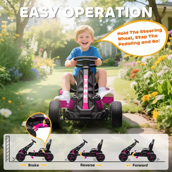 AIYAPLAY Pedal Go Kart for Kids Aged 3-6 Years, with Freewheel System, Brake, EVA Anti-Slip Wheels, Pink - 5