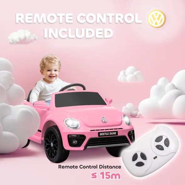 AIYAPLAY Volkswagen Beetle Licensed 12V Ride on Car w/ Remote Control, Suspension Wheels, Soft Start, Lights, Music, Pink - 7