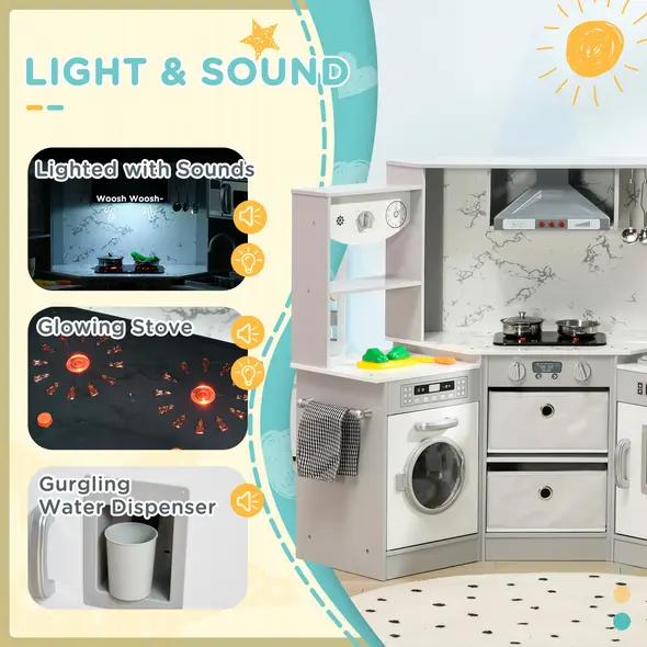 AIYAPLAY Toy Kitchen with Running Water, Lights, Sounds, Apron and Chef Hat, Water Dispenser, for Ages 3-6 Years, Grey - 5