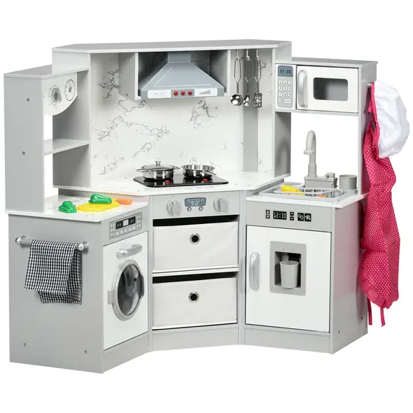 AIYAPLAY Toy Kitchen with Running Water, Lights, Sounds, Apron and Chef Hat, Water Dispenser, for Ages 3-6 Years, Grey - 1