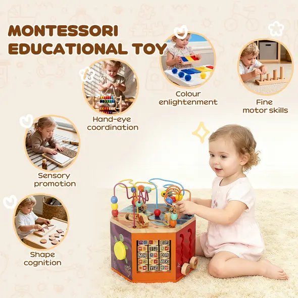 AIYAPLAY Wooden Activity Cube, Baby Toys with Bead Maze, Pattern Sorter for Toddlers Boys and Girls 18+ Months - 6