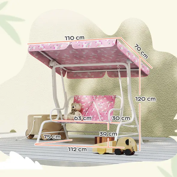 AIYAPLAY Kids Porch Swing, 2-Seater Patio Swing Bench Hammock with Seat Belts, Adjustable Canopy for Garden, Pink - 3