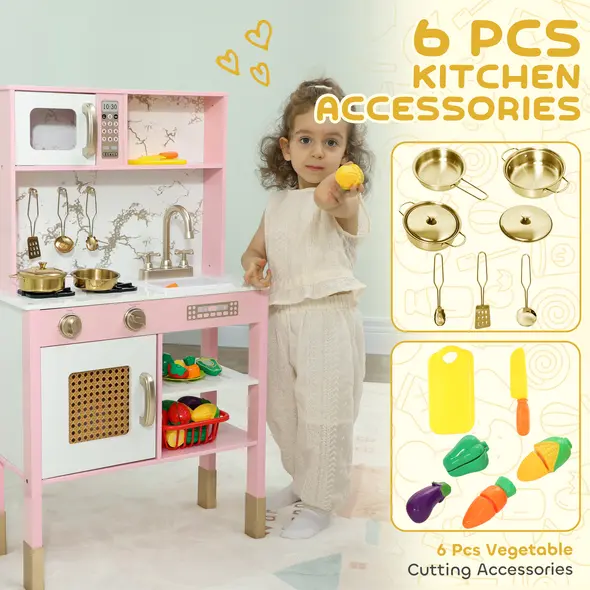 AIYAPLAY Kitchen Playset with Pretend Play Cooking Accessories, Play Kitchen with Oven, Microwave and Sink, Pink - 6