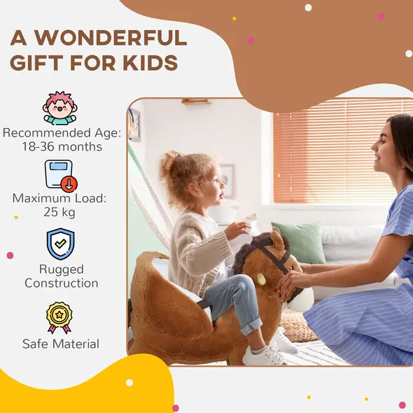 AIYAPLAY Kids Rocking Horse, Plush Ride on Horse, with Sound, Wood Base, for Ages 18-36 Months, Brown - 8