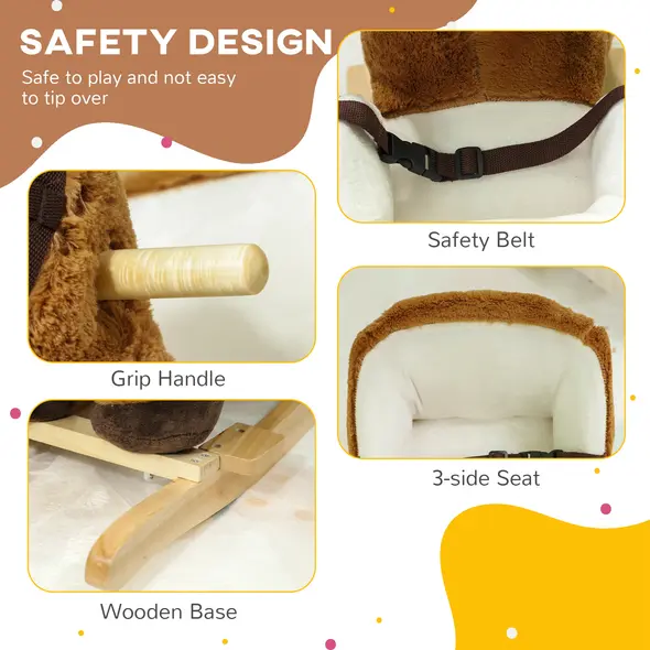 AIYAPLAY Kids Rocking Horse, Plush Ride on Horse, with Sound, Wood Base, for Ages 18-36 Months, Brown - 6