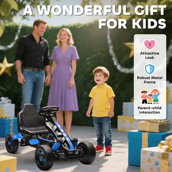 AIYAPLAY Pedal Go Kart for Kids Aged 3-6 Years, with Freewheel System, Brake, EVA Anti-Slip Wheels, Blue - 8