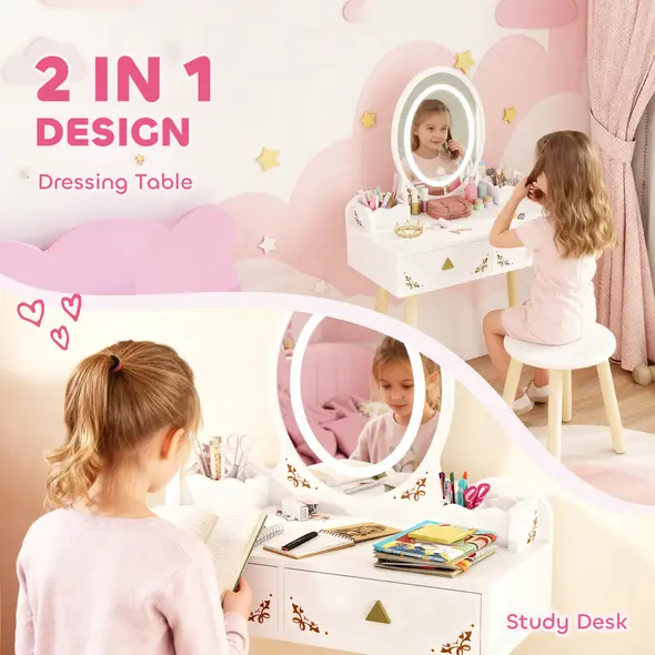 AIYAPLAY Kids Vanity Table and Chair Set with 3-Colour LED Lights Mirror, Drawer, Storage Boxes, for 3+ Years, White - 5