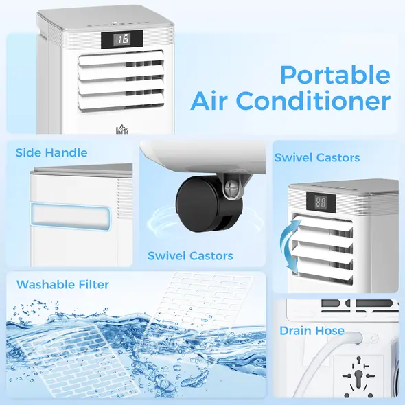 HOMCOM 10000 BTU Air Conditioning Unit, 4-in-1 Portable Air Conditioner, Dehumidifier, Cooling, Fan, Sleep Mode, with Remote Control, LED Display, 2 Speeds, 24H Timer, Window Venting Kit, 22m² - 9