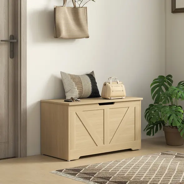 HOMCOM 100L Home Storage Box, with Safety Hinges - Natural Wood Finish - 9