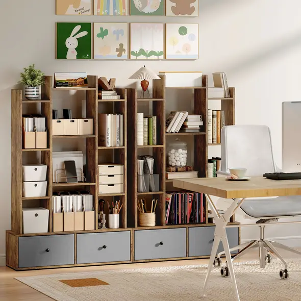 HOMCOM 12 Shelf Storage Unit, with Drawers - Brown - 9