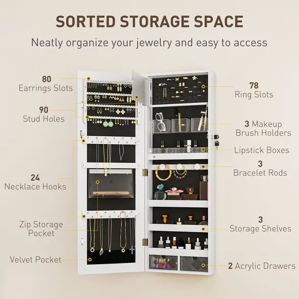 HOMCOM 108 x 37cm Lockable Jewellery Cabinet, with LED Lights - White Surface and Black Lining - 6