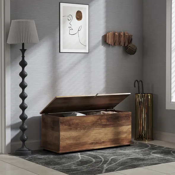 HOMCOM 113L Storage Chest, Storage Box with Flip-Top Lid and 2 Safety Hinges, Storage Trunk for Living Room, Entryway, 100 x 40 x 40 cm, Brown Wood Grain - 7