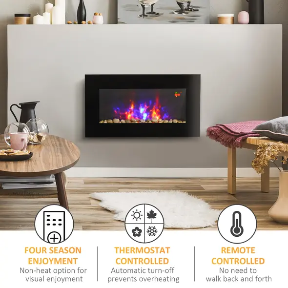 HOMCOM 1000W/2000W Electric Wall Fireplace w/ LED Flame Effect Timer Remote Sleek Stylish Safe Home Heating 20-25㎡ - 4