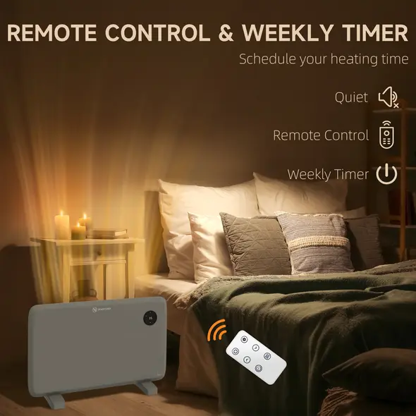 HOMCOM 1200W Electric Convector Heater, Freestanding or Wall Mounted, Space Heater with Adjustable Thermostat, Timer, Grey - 6