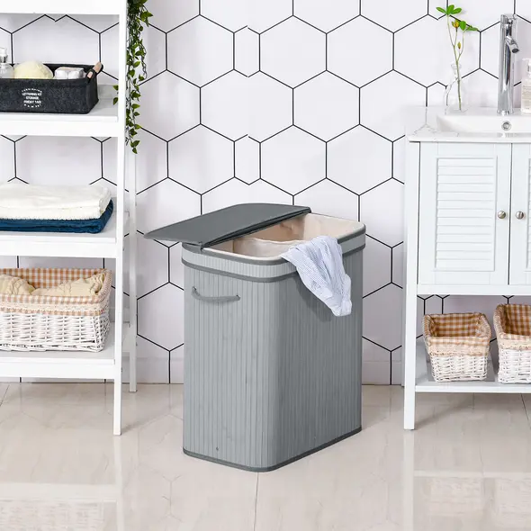 HOMCOM 100L Natural Wood Laundry Basket A Compartment w/Flip Lid Removable Lining Handles Board Base Foldable Durable Water-Resistant Dirty Clothes Storage Home Organisation Grey - 2
